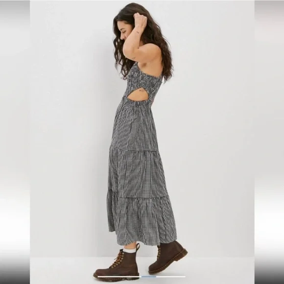 AE Smocked Cut-Out Gingham Black and White Midi Dress - Picture 10 of 11